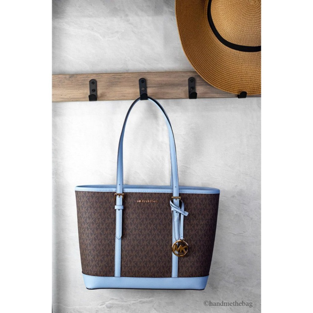 New Michael Kors Jet Set Travel Small Pale Blue Brown Pvc Shoulder Tote Purse